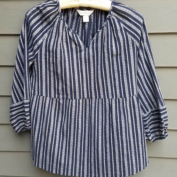Christopher & Banks 3/4 Sleeve Blue Stripe Pop Over Size Large - Picture 11 of 11